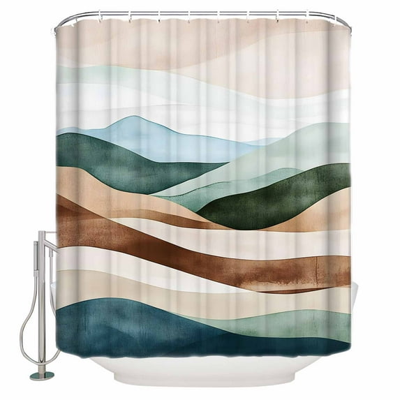 Teal Brown Ombre Shower Curtain, 60" x 72", Abstract Art Modern Waves Waterproof Bathroom Curtain Washable Shower Curtain Set with 12 Hooks