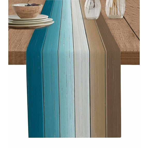 Teal Brown Ombre Table Runner Vintage Country Wooden Tablerunners 13 x 120 Inch, Table Decorations Tabletop Scarf for Summer Gathering Holiday Farmhouse Kitchen Dining Decor