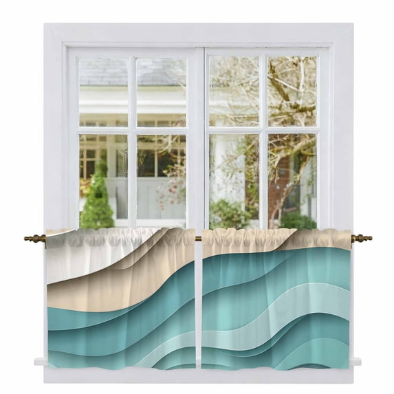 Teal Brown Ombre Tier Curtains, Modern Abstract Moire Art Geometric Light Filtering Kitchen Curtains, 2Pcs Rod Pocket Half Window Treatments Panels for Sink Cafe Cabinet Camper 27.5x36 Inches