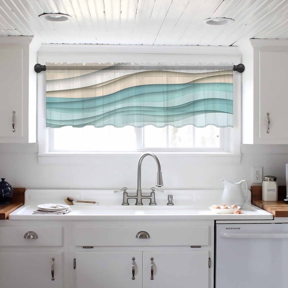 Teal Brown Ombre Valance Curtains for Kitchen/Living Room/Bathroom/Bedroom Window, Modern Abstract Moire Art Geometric Rod Pocket Small Topper Half Short Window Curtains Voile Sheer Scarf 60"x18"