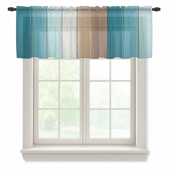 Teal Brown Ombre Valance Curtains for Kitchen/Living Room/Bathroom/Bedroom Window, Rod Pocket Small Topper Half Short Window Curtains Voile Sheer Scarf, Vintage Country Wooden 60"x18"
