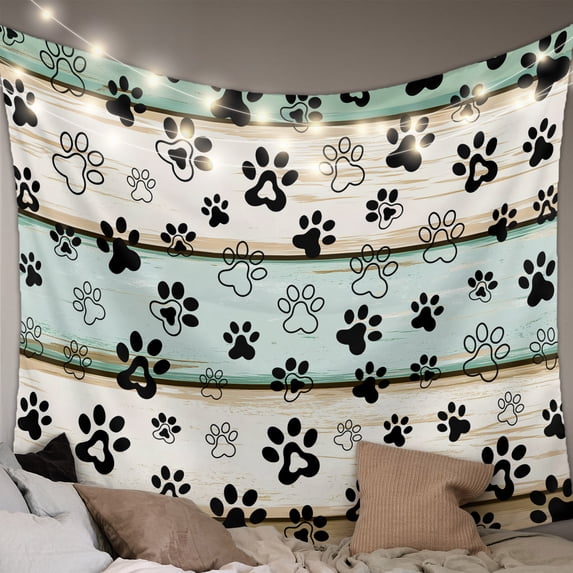 Teal Brown Paw Print Large Tapestry for Bedroom Wall Hanging Tapestry, Vintage Farmhouse Wooden Grain Ceiling Backdrop Tapestries Poster Blanket Wall Decor for Teens Room Living Room Dorm 85" x 90"