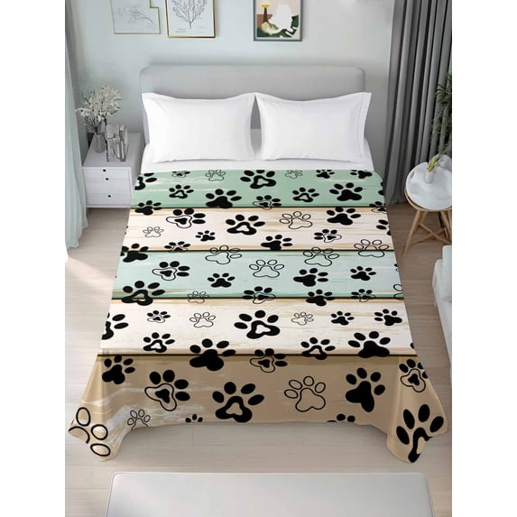 Teal Brown Paw Print Queen Size Flat Sheet, Wrinkleproof & Fadeproof Cooling Flat Bed Sheet Only, Vintage Farmhouse Wooden Grain Breathable Soft Bedding Top Sheets 90 x 102 Inches