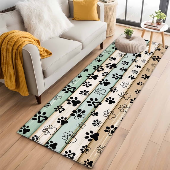 Teal Brown Paw Print Runner Rug 2x6 FT,Non Slip Hallway Rugs,Vintage Farmhouse Wooden Grain Washable Soft Floor Carpet Throw Runner Carpet Long Rugs for Entryway Kitchen Bedside Sliding Door