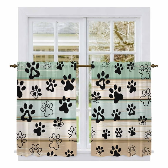 Teal Brown Paw Print Tier Curtains, Vintage Farmhouse Wooden Grain Light Filtering Kitchen Curtains, 2Pcs Rod Pocket Half Window Treatments Panels for Sink Cafe Cabinet Basement 27.5x45 Inches