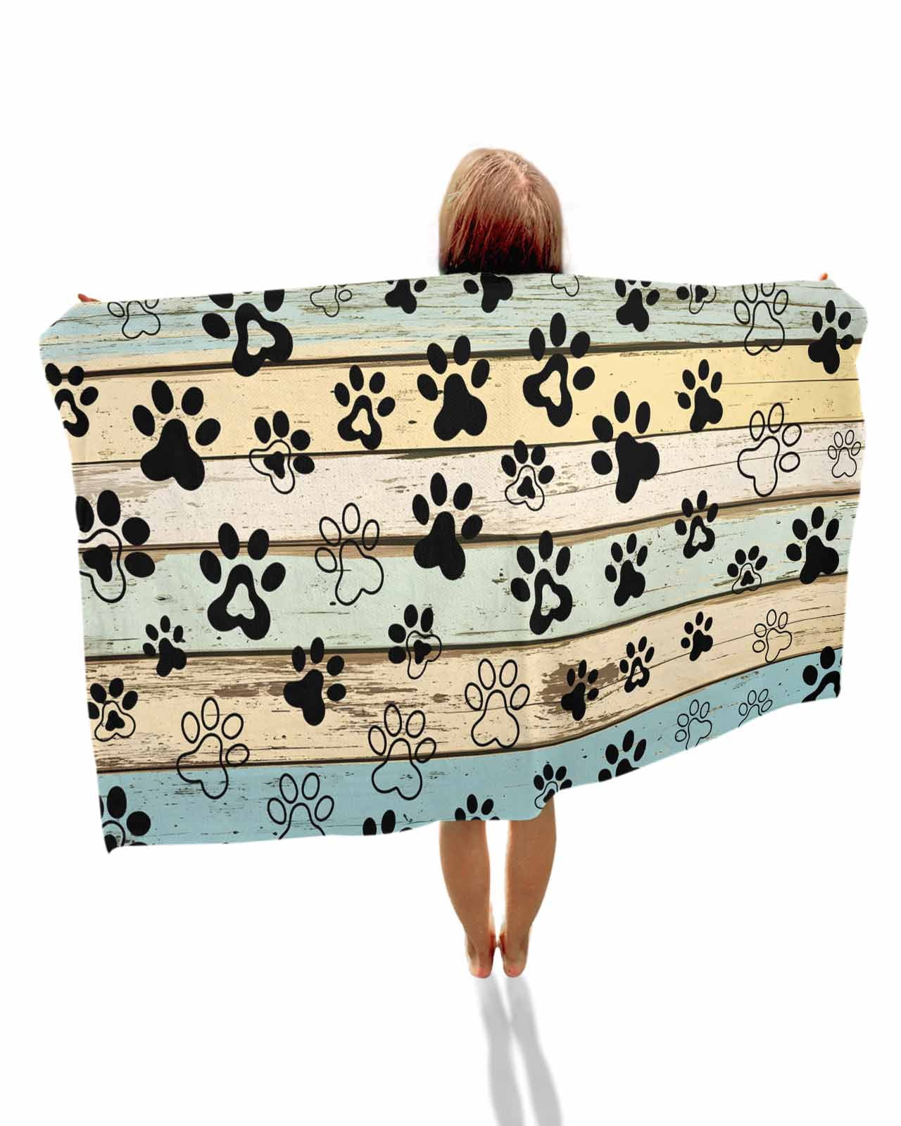 Teal Brown Paw Prints Beach Towels Oversized Super Absorbent, Vintage Farmhouse Wooden Grain Lightweight Bath Towel Quick Dry Sets For Bathroom/Pool/Rv Camping/Beach Play/Gym Room/Picnic 23"x47"