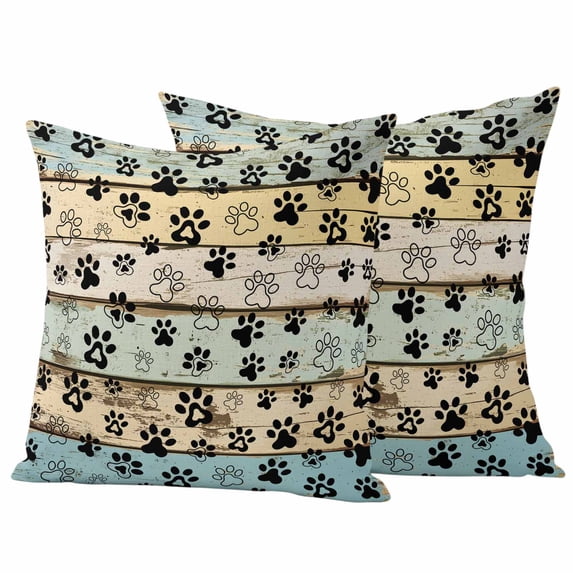Teal Brown Paw Prints Outdoor Waterproof Pillow Covers, Vintage Farmhouse Wooden Grain Decorative Square Throw Pillowcase Sofa Cushion Sham for Patio/Couch/Chair, 16"x16" 2 Pack