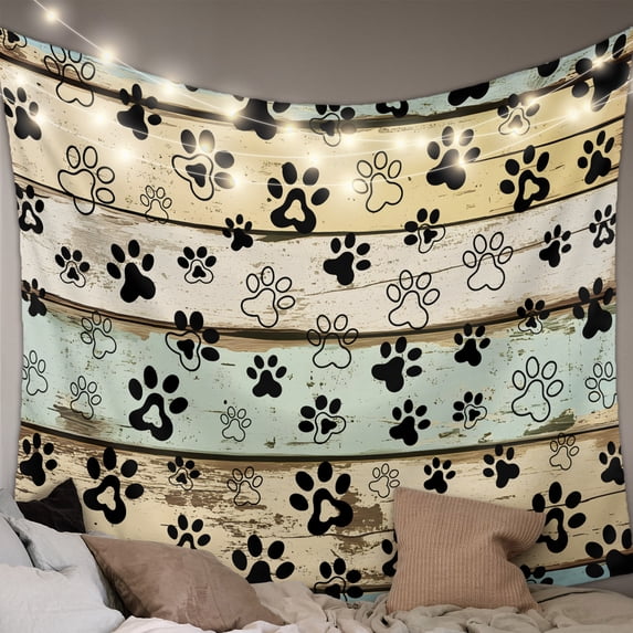Teal Brown Paw Prints Tapestry for Bedroom Wall Hanging Tapestry, Vintage Farmhouse Wooden Grain Ceiling Backdrop Tapestries Poster Blanket Wall Decor for Teens Room Living Room Dorm 55" x 73"