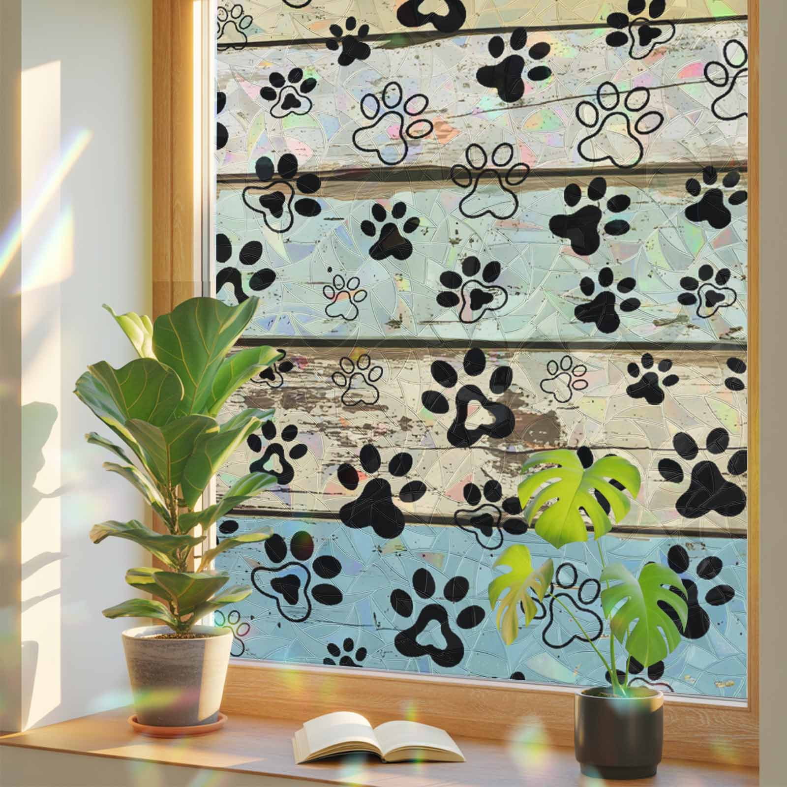 Teal Brown Paw Prints Window Privacy Film Rainbow Static Cling Stain Glass Window Film for Glass Door, Decorative Sunroof Decal Sticker for Car Bathroom 23.6"x59" Vintage Farmhouse Wooden Grain