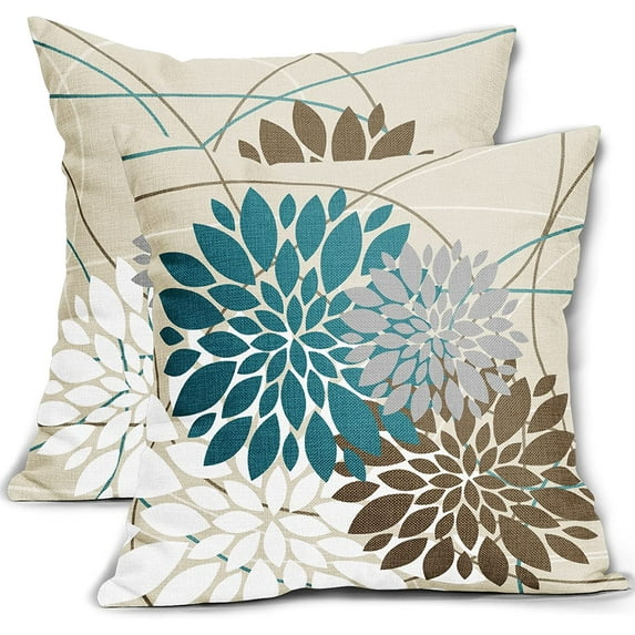 Teal Brown Pillow Covers 18x18 Dahlia Flower White Gray Elegant Colored Throw Pillows Farmhouse Outdoor Decor for Home Living Room Sofa Bed Modern Floral Linen Square Cushion Case, Set of 2