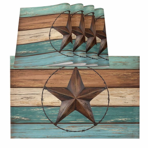 Teal Brown Placemats for Dinning Table Set of 4, Country Texas Star Farmhouse Barn Door Wood Burlap Kitchen Place Mats Waterproof Cloth Table Mats, Indoor Outdoor Placemats Easy Clean Dinner Decor
