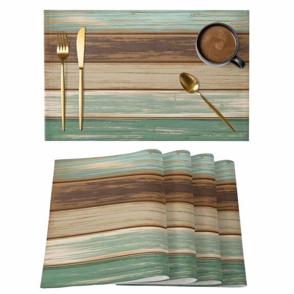 Teal Brown Placemats Set of 4, Farmhouse Rustic Wooden Plank Board Placemats for Dining Table, Place Mats for Kitchen Tabletop, Waterproof Wipeable Dining Table Mats Set