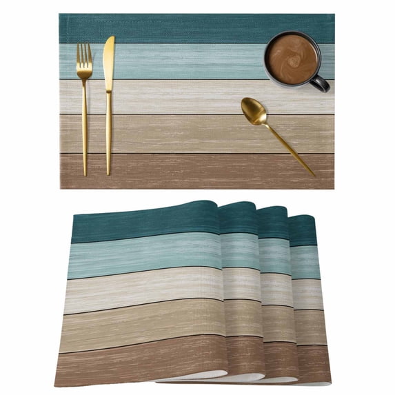 Teal Brown Placemats Set of 4 Farmhouse Vintage Abstract Wooden Grain Place Mats Indoor Wipeable Table Mats Washable Cloth Dining Table Placemats for Kitchen Holiday Party Home Decor 13x19 Inch