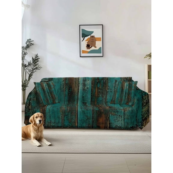 Teal Brown Plank Couch Cover, Vintage Chic Shabby Wooden Grain Oversized Sofa Cover Blanket for 3 Cushion Couch,Sectional Sofa Slipcover Furniture Protector for Living Room Bedroom 71''x150''