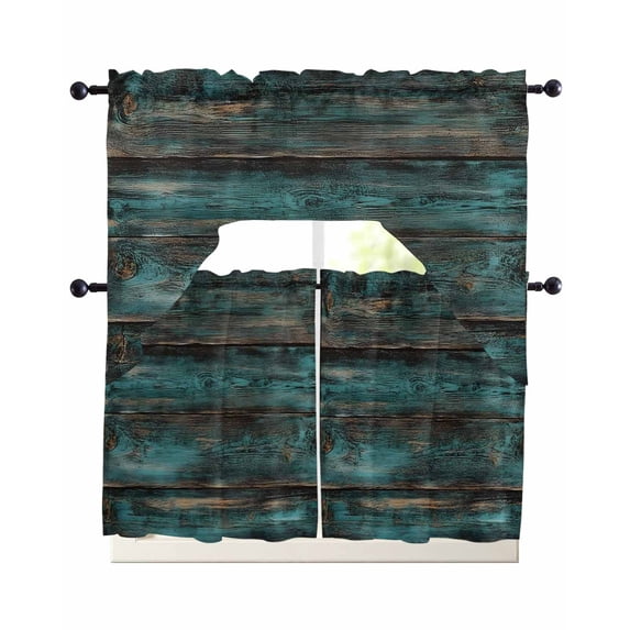 Teal Brown Plank Prints Swag Curtains for Living Room/Bedroom Windows, Farmhouse Vintage Wooden Grain Kitchen Curtains and Valances Set 36 Inch Length, Light Filtering Swags Valance Curtain Panels