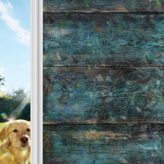 Teal Brown Plank Prints Window Privacy Film Stain Glass,Reusable Decorative Rainbow Window Film,Farmhouse Vintage Wooden Grain Static Cling Sun Blocking Stickers Decals Covers 35.4" x 78.7" (3pcs)