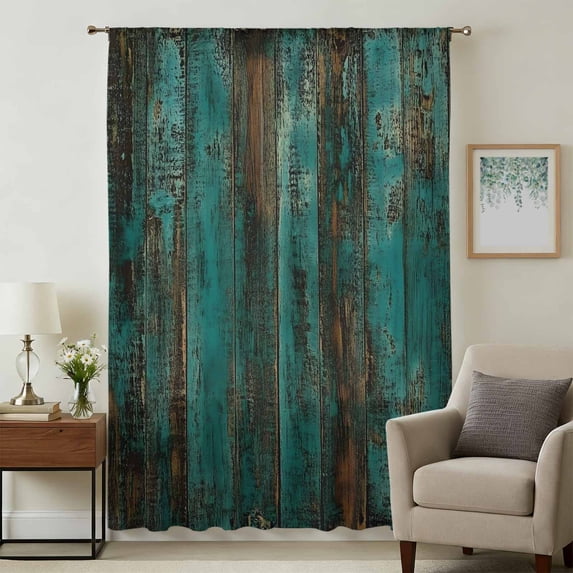 Teal Brown Plank Sheer Curtains 72 Inches Long, Vintage Chic Shabby Wooden Grain Light Filering Curtains, Breathable Simi Curtain Privacy Drapes for Living Room Bedroom Lightweight Window Treatment