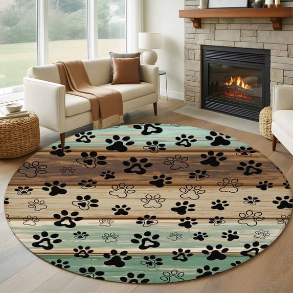 Teal Brown Round Area Rug 7 FT,Non Slip Living Room Area Carpet,Pet Paw Printed Farmhouse Dog Claws Wood Grain Washable Soft Circular Rug Floor Carpet for Bedside Office Play Room Classroom