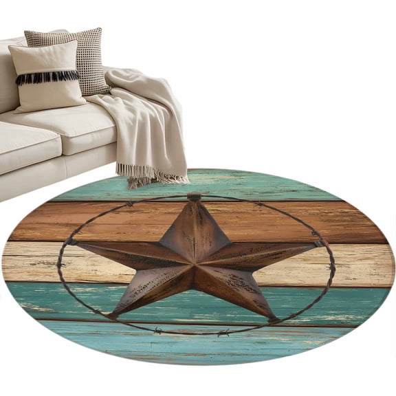 Teal Brown Round Rug 3ft Area Rug Washable Soft Non-Slip 3' Circle Low Pile Rugs Country Texas Star Farmhouse Barn Door Wood Carpet for Bedroom Living Room Entryway Home Office Dining Room