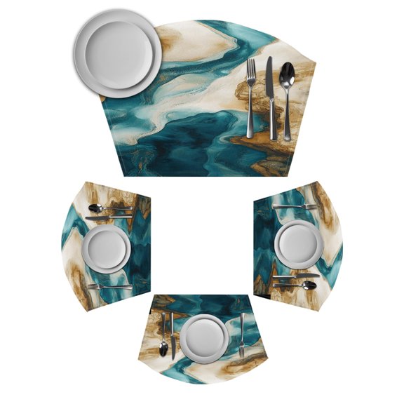 Teal Brown Round Table Placemats Set of 2 Wedge Placemats, Modern Art Water Ripple Abstract Place Mats for Dining Table Set Washable Mats Kitchen Decor for Indoor Outdoor Wipe Clean