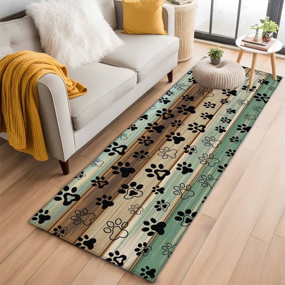 Teal Brown Runner Rug 2x6 FT,Non Slip Hallway Rugs,Pet Paw Printed Farmhouse Dog Claws Wood Grain Washable Soft Floor Carpet Throw Runner Carpet Long Rugs for Entryway Kitchen Bedside Sliding Door