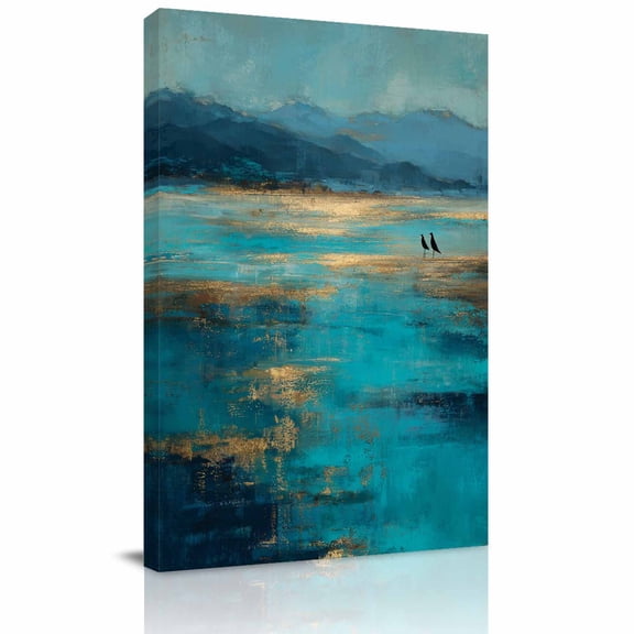 Teal Brown Sea Canvas Wall Art for Living Room, Abstract Coastal Wooden Grain Beach Bird Painting Wall Decor Framed Artwork Pictures Ready to Hang for Bedroom Office Home Decor