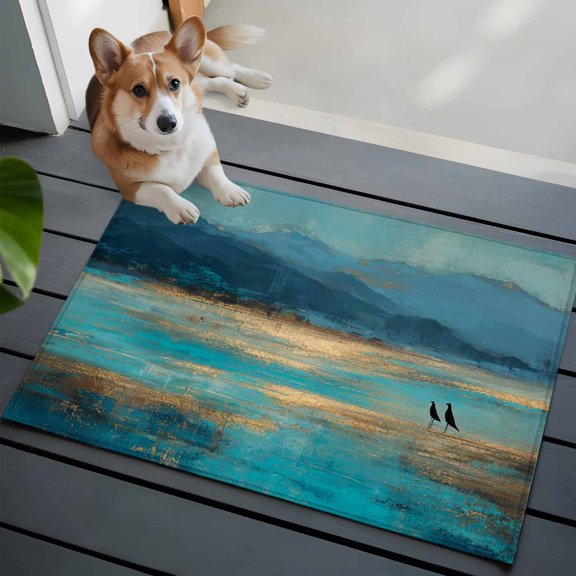 Teal Brown Sea Front Door Rugs 2x3 ft Abstract Coastal Wooden Grain Beach Bird Painting Small Rug for Entryway Non Slip Washable Bathroom Door Mat Absorbent Floor Mat for Indoor Entrance