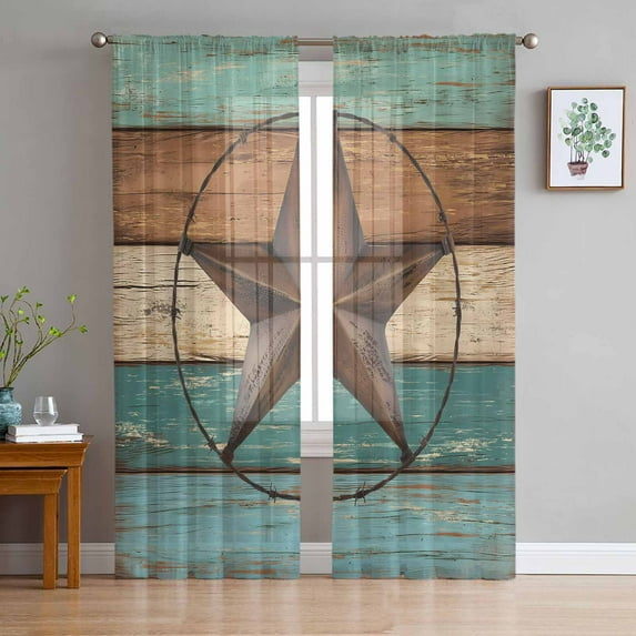 Teal Brown Sheer Curtains 84 Inches Long 2 Panels Set, Window Sheer Curtains for Living Room/Bedroom, Country Texas Star Farmhouse Barn Door Wood Light Filtering Rod Pocket Curtain 52'' x 84'' x 2