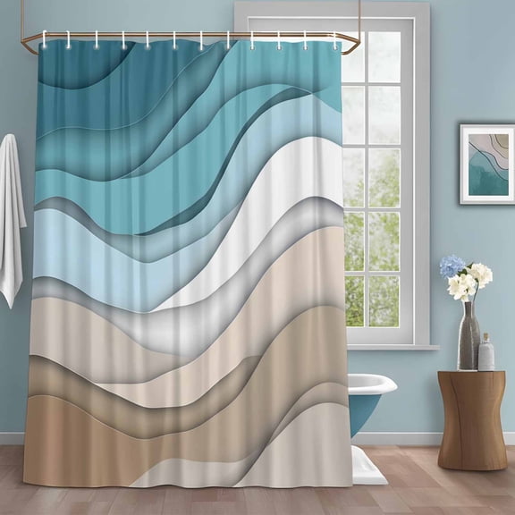Teal Brown Shower Curtains for Bathroom, Gradient Abstract Wave Geometric Modern Washable Fabric Shower Curtain with Hooks Waterproof Bathroom Decor Sets, 72 x 72 Inches