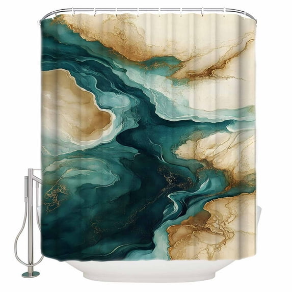 Teal Brown Shower Curtains for Bathroom Waterproof Fabric Bath Curtains Decor Bath Tub Curtain Retro Contemporary Abstract Art Decorative Shower Curtain Sets with 12 Hooks, 72x72 Inch