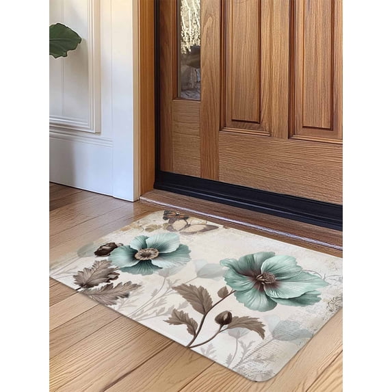 Teal Brown Spring Floral Door Mat Indoor Outdoor Entrance,Non Slip Small Rug for Kitchen Bathroom Entryway Rug,Vintage Flowers Elegant Botanical Washable Doormat Floor Mat 18x30 Inch