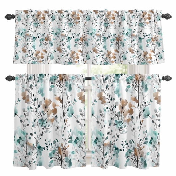 Teal Brown Spring Floral Kitchen Curtains Sets for Windows 36 Inch Length, Summer Botanical Abstract Rod Pocket Window Treatments Tier Curtains and Valances Set for Bedroom/Bathroom