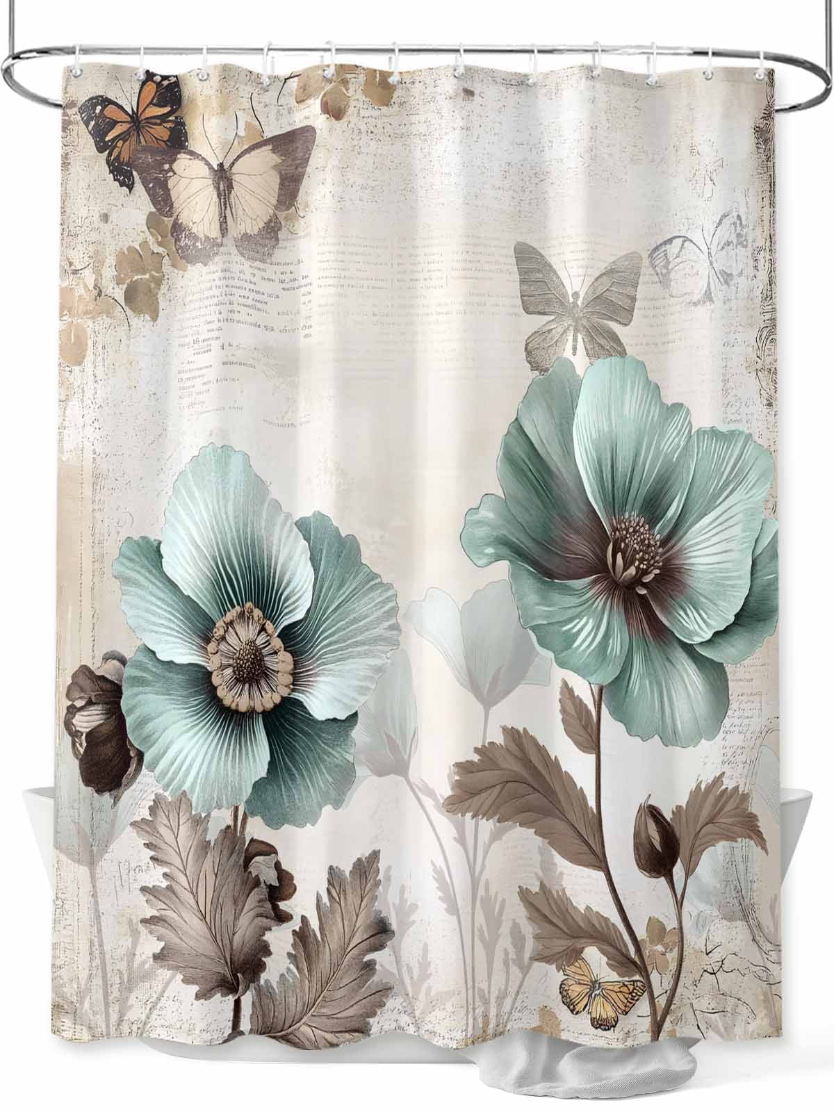 Teal Brown Spring Floral Long Shower Curtain Set, Waterproof Shower Curtains for Bathroom, Vintage Flowers Elegant Botanical Washable Fabric Cloth Bath Curtain for Bathtub with Hooks 72x84 Inches