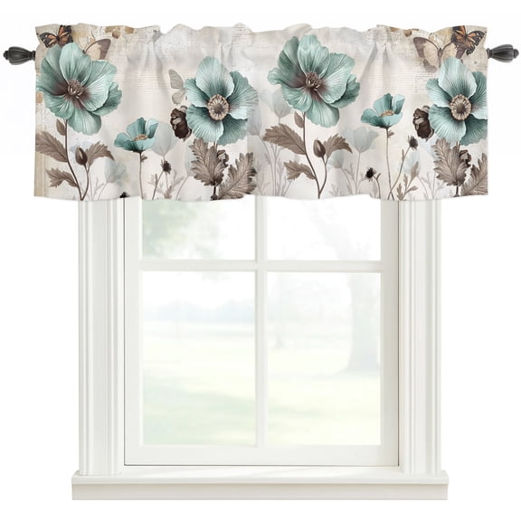 Teal Brown Spring Floral Rod Pocket Curtain Valance, Vintage Flowers Elegant Botanical Farmhouse Window Valance for Living Room, Bedroom, Kitchen 54"W x 18"L