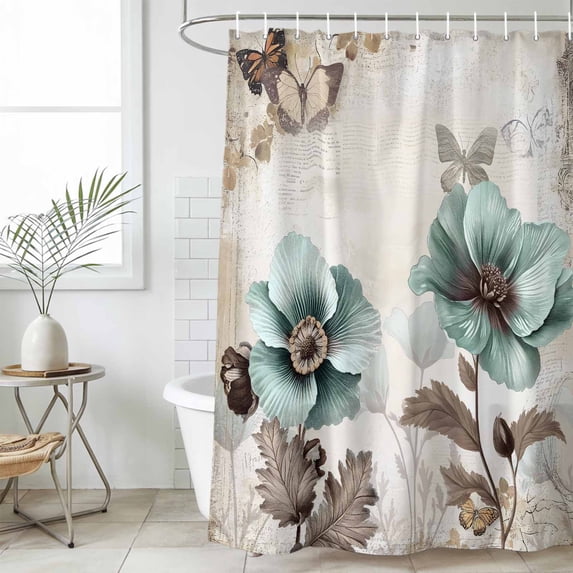 Teal Brown Spring Floral Waterproof Fabric Shower Curtain,Vintage Flowers Elegant Botanical Waterproof Fabric Shower Curtain for Bathroom Curtains Bathtubs Shower Curtains with 12 Hooks Stall 54x78in