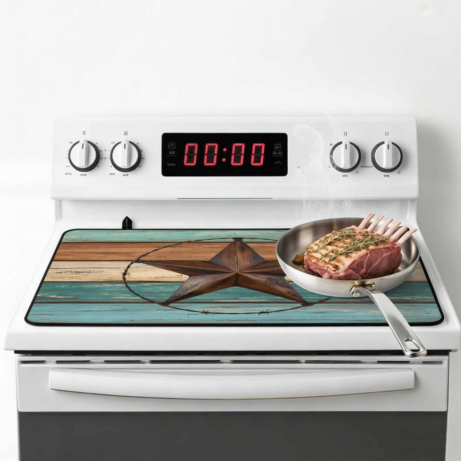 Teal Brown Stove Top Cover for Electric Stove, Heat-proof & Non Slip Glass Top Stove Cover Protector, Country Texas Star Farmhouse Barn Door Wood Kitchen Flat Cooktop Rubber Mat 24x21 Inches