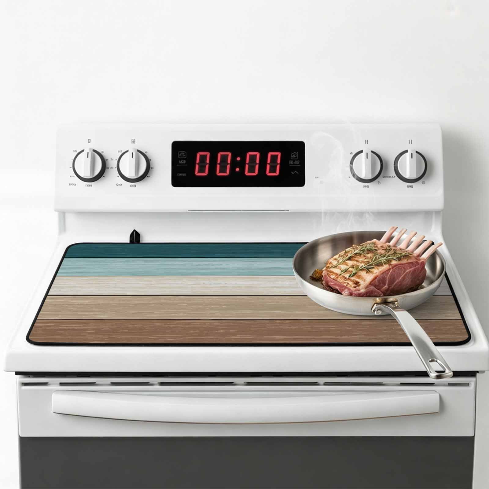 Teal Brown Stove Top Cover for Electric Stove, Heat-proof & Non Slip Glass Top Stove Cover Protector, Farmhouse Vintage Abstract Wooden Grain Kitchen Flat Cooktop Rubber Mat 24x21 Inches