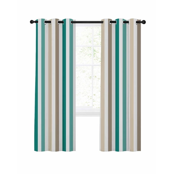 Teal Brown Stripe Blackout Curtains, Light Blocking Print Window Curtains, Gradient Geometric Vertical Striped Thermal Insulated Window Drapes for Living Room Kitchen Cafe 2 Panels, 55"W x 39"L