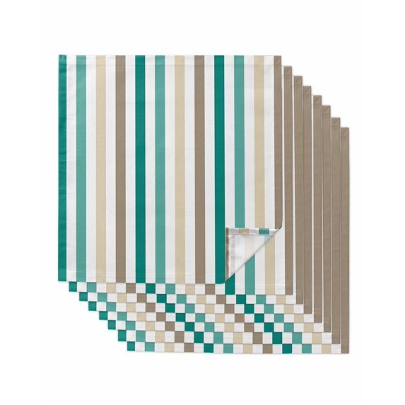 Teal Brown Stripe Cloth Napkins Set of 8 Reusable Dinner Napkins, Gradient Geometric Vertical Striped Cocktail Napkin Washable Table Napkins for Wedding/Holiday Party/Baby Shower 20"x20"