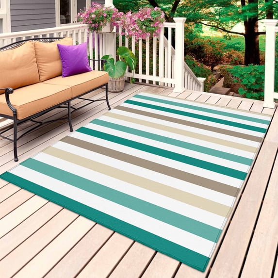 Teal Brown Stripe Outdoor Rug for Patio/Deck/Porch, Non-Slip Large Area Rug 5 x 8 Ft, Gradient Geometric Vertical Striped Indoor Outdoor Rugs Washable Area Rugs, Reversible Camping Rug Carpet Runner