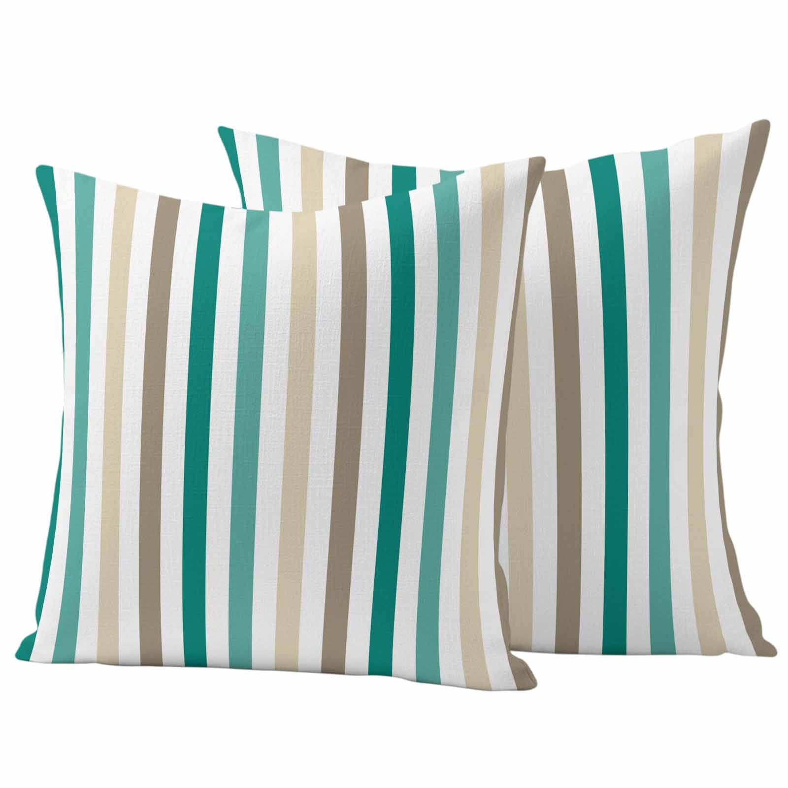 Teal Brown Stripe Outdoor Waterproof Pillow Covers, Gradient Geometric Vertical Striped Decorative Square Throw Pillowcase Sofa Cushion Sham for Patio/Couch/Chair, 18"x18" 2 Pack