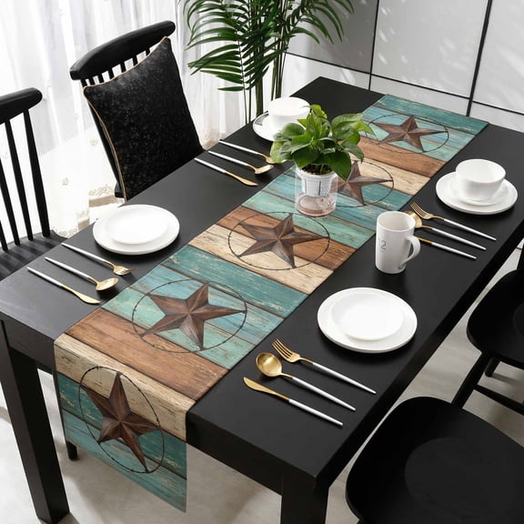 Teal Brown Table Runner 36 Inches Small - Country Texas Star Farmhouse Barn Door Wood Kitchen Dining Burlap Linen Tablerunner for Small/Round/Square/Wedding/Coffee/Dining Table Party Décor 13 x 36