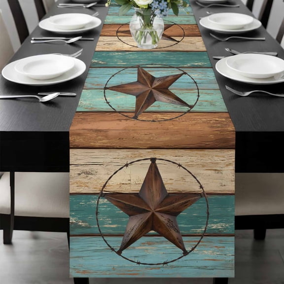 Teal Brown Table Runner 48 Inches Long, Country Texas Star Farmhouse Barn Door Wood Kitchen Coffee Dining Table Decoration for Home Party Birthday Wedding Home Decor 13x48 Inches
