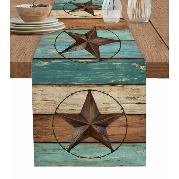 Teal Brown Table Runner Country Texas Star Farmhouse Barn Door Wood Tablerunners 13 x 72 Inch, Table Decorations Tabletop Scarf for Summer Gathering Holiday Farmhouse Kitchen Dining Decor