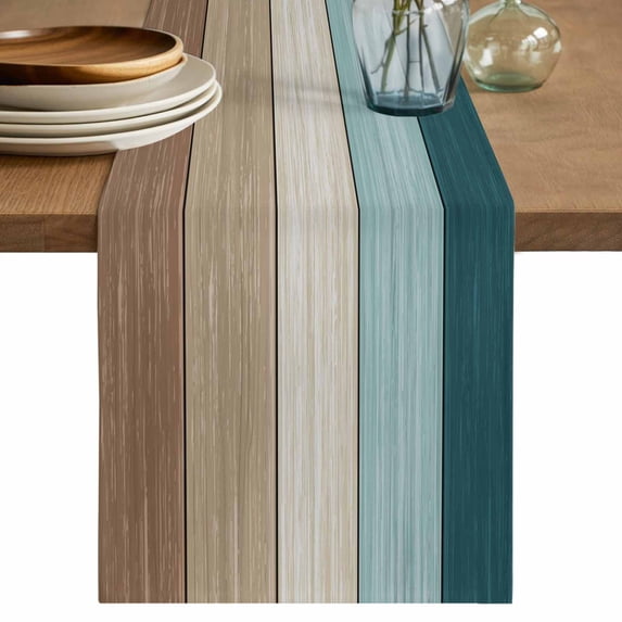 Teal Brown Table Runner, Farmhouse Vintage Abstract Wooden Grain Washable Cotton Linen Table Runners 70 Inches Long, Dresser Scarf Runner for Dining/Kitchen/Coffee/TV Stands/Cabinets 13''x70''