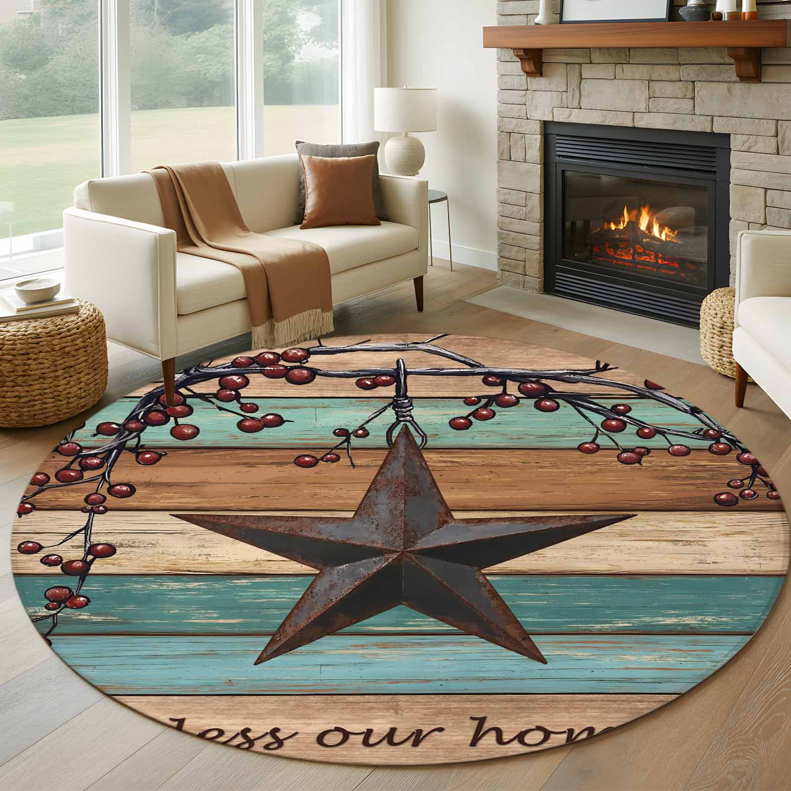 Teal Brown Texas Star 5ft Round Rug, Retro Country Star Farmhouse ...