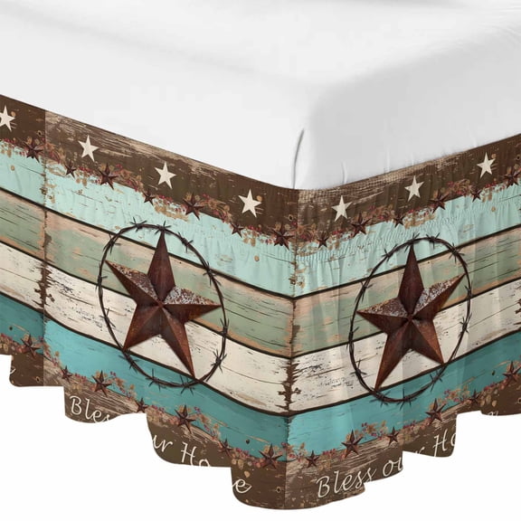 Teal Brown Texas Star Bed Skirt Queen Size 16 Inch Drop, Adjustable & Elastic Wrap Around Bed Skirts Pleated Luxury Dust Ruffles For Twin Full Queen Cal King Base Beds, Farmhouse Country Wooden
