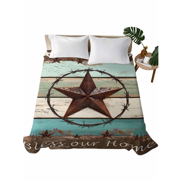 Teal Brown Texas Star Flat Sheet Only Twin Size, Soft Breathable Bed Top Sheets for Mattress, Farmhouse Country Wooden Luxury Bedding Flat Sheets for Home Hotel Bedroom Bed Protection