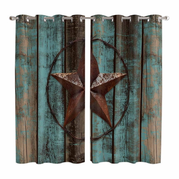 Teal Brown Texas Star Kitchen Curtains 84 Inch Length, Vintage Star Wooden Grommet Top Bedroom Living Room Curtains, Light Filtering Cafe Curtain Drapes 2 Panels Set 104''x84''