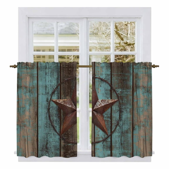Teal Brown Texas Star Kitchen Curtains, Vintage Star Wooden Light Filtering Window Curtain Panels, 2Pcs Rod Pocket Window Treatments Set for Study Room Bathroom Bedroom 52x54 Inches